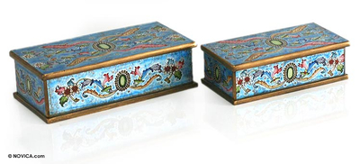2 Collectible Reverse Painted Glass Wood Decorative Boxes