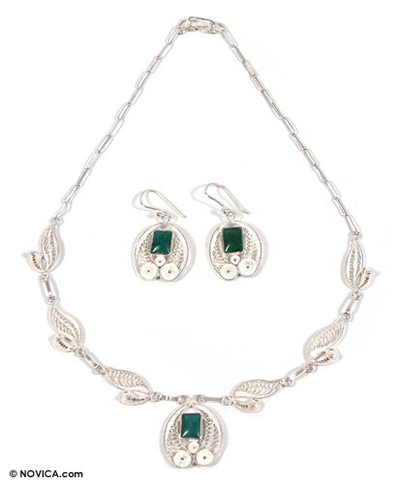 Chrysocolla Silver Necklace And Earrings Jewelry Set