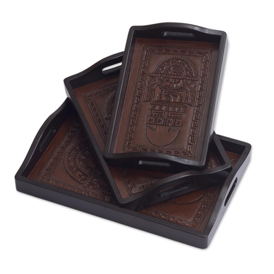 Hand Tooled Leather Serving Trays (Set of 3)