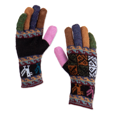 Warm Multi Color 100% Alpaca Hand Knit Gloves from Peru