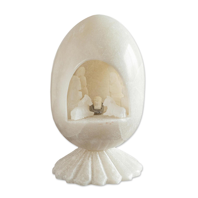 Carved White Stone Nativity Egg Sculpture Peru