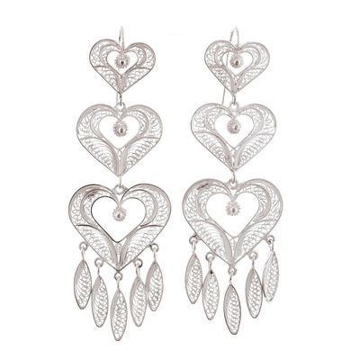 Handcrafted Heart Shaped Fine Silver Filigree Earrings