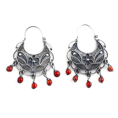 Unique Floral Fine Silver Filigree Earrings with Carnelians
