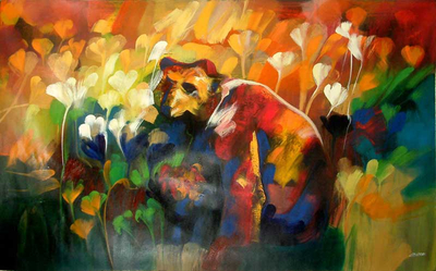 Bear with Flowers Abstract Painting Peru Fine Art
