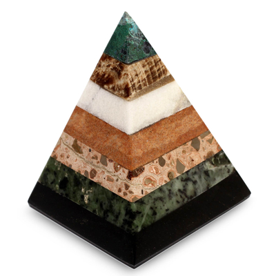 Hand Crafted Peruvian Gemstone Pyramid Sculpture