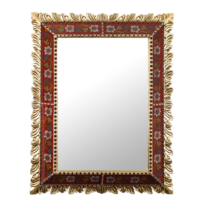 Handcrafted Floral Glass Rectangular Wood Mirror