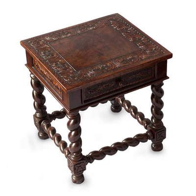 Handcrafted Traditional Leather Wood End Table