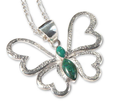 Heart Shaped Silver Chrysocolla Butterfly Pendant Necklace