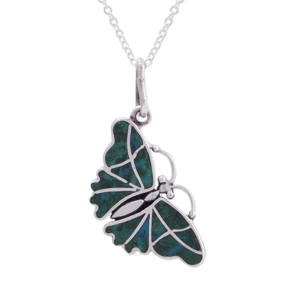 Fair Trade Chrysocolla and Silver Butterfly Pendant Necklace