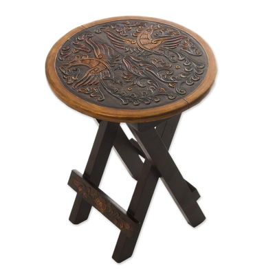 Unique Wood Leather Brown Accent Folding Table