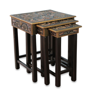 Artisan Crafted Tooled Leather Wood Side Table (Set of 3)