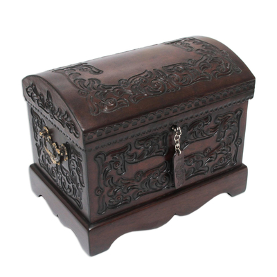 Unique Colonial Wood Leather Jewelry Box