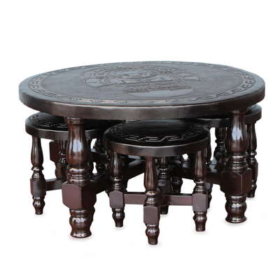 Fine Leather Coffee Table and Hand Tooled Stools (Set of 4)