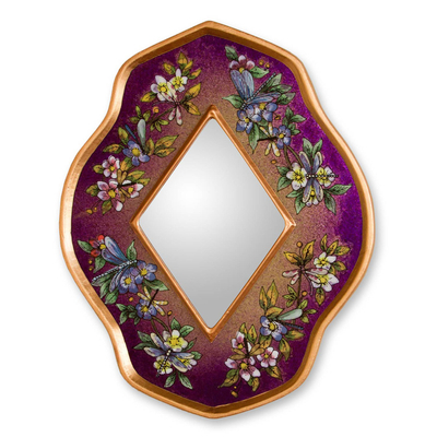 Handcrafted Peruvian Floral Glass Mirror in Purple
