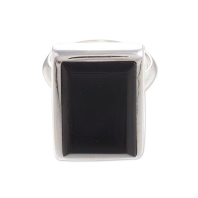 Handcrafted Obsidian and Sterling Silver Rectangular Single Stone Ring