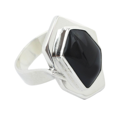 Black Obsidian Geometric Silver Cocktail Ring