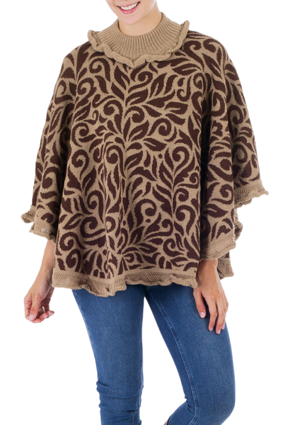 Tan and Brown Turtleneck Alpaca Blend Poncho with Lace