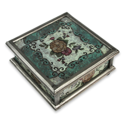 Andean Reverse Painted Glass Box with Flowers