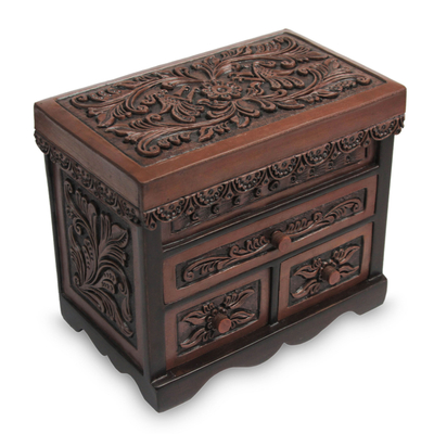 Bird Theme Hand Tooled Brown Leather Jewelry Box