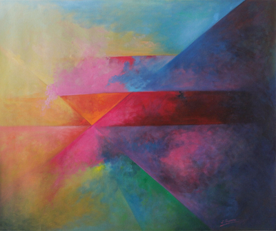 Multi Colored Abstract Geometry Painting Oil On Canvas