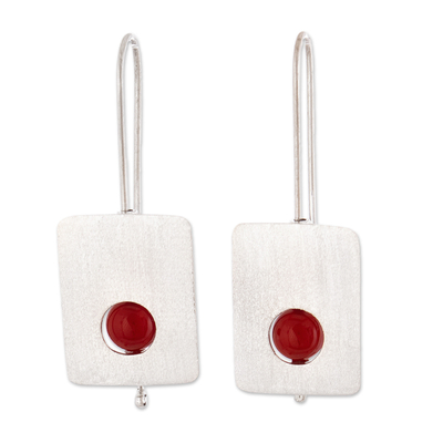 Handmade Brushed Silver Earrings with Red Agate