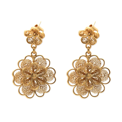 Gold Plated Filigree Handmade Flower Dangle Earrings