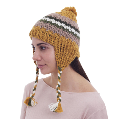 Hand Knit Alpaca Patterned Chullo Hat with Earflaps