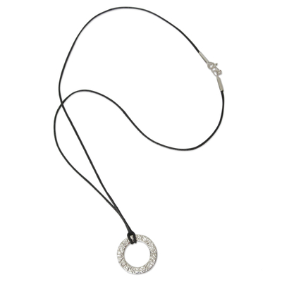 Textured Sterling Silver Circle Pendant on Leather Necklace