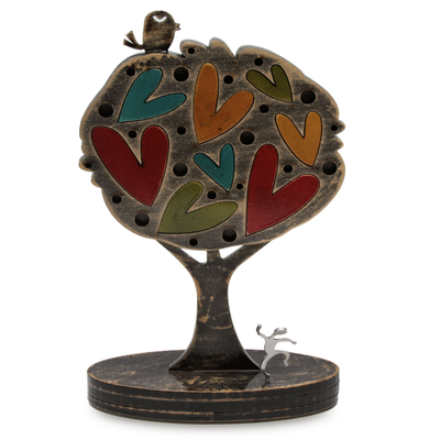 Colorful Peruvian Tree Sculpture with Hearts and Bird