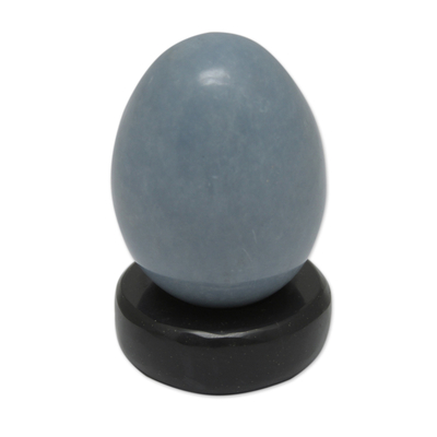 Hand Crafted Andean Celestite Egg Sculpture with Onyx Stand