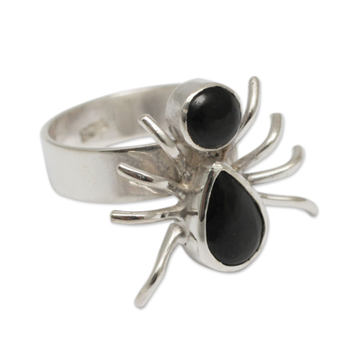 Artisan Crafted Sterling Silver and Obsidian Spider Ring