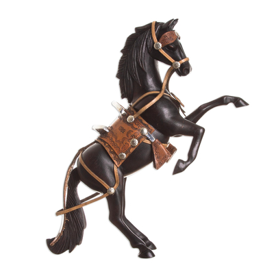 Cedar and Leather Horse Sculpture Carved by Hand