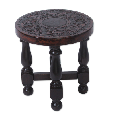Bird Theme Tooled Leather Round 12 Inch Wooden Stool