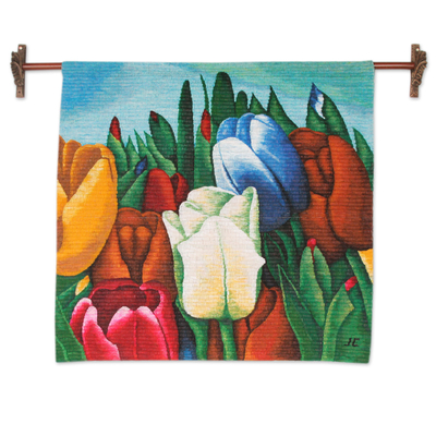 Colorful Andean Handwoven Wool Tapestry of Tulips