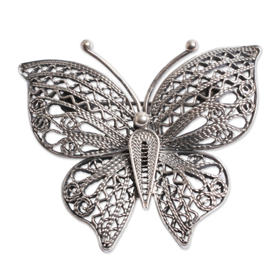 Filigree Butterfly Brooch Pin in Aged Sterling Silver