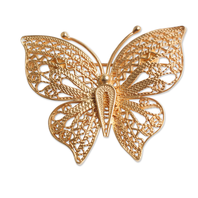 Handmade Gold Plated Filigree Butterfly Brooch Pin
