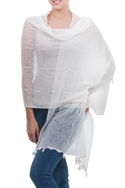 Sheer Knitted Off White Alpaca Blend Shawl