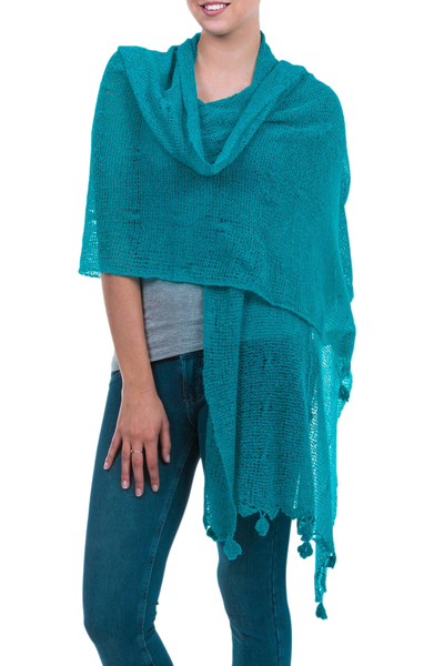 Turquoise Baby Alpaca Blend Open Knit Shawl