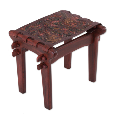 Birds and Flowers Embossed on Leather and Wood Stool