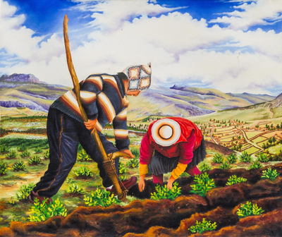 Signed Painting of Northern Peruvian Farmers