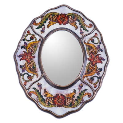 Aged White Reverse Painted Glass Wall Mirror from Peru