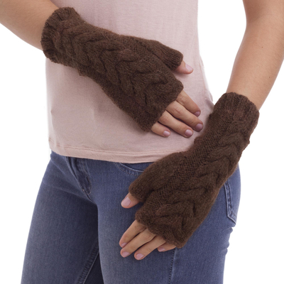 Andean Alpaca Blend Hand Knitted Brown Fingerless Gloves
