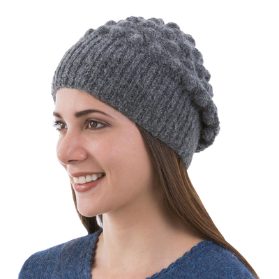 Grey Alpaca Hat Original Design Knit by Hand in Peru