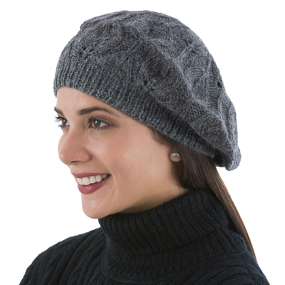 Andean Alpaca Wool Hand Knitted Beret in Charcoal Grey