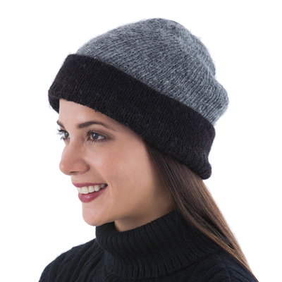 Reversible Grey and Black 100% Alpaca Hat Knitted by Hand