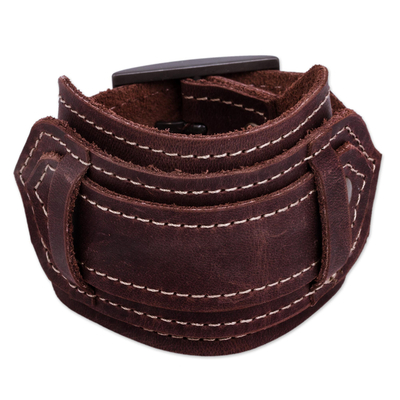 Unisex Dark Brown Leather Wristband Bracelet with Buckle