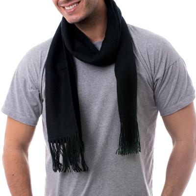 Woven Alpaca Blend Scarf for Men in Solid Black