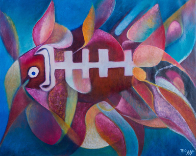 Peruvian Expressionist Fish Painting is Reds and Blues