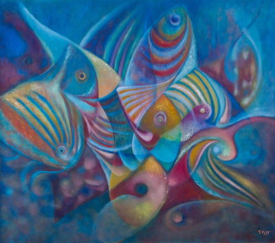 Original Blue Fish Painting in Oils on Canvas from Peru