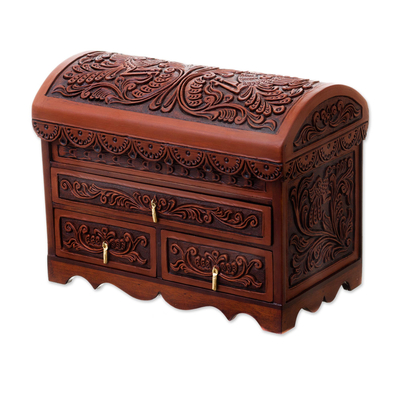 Handcrafted Wood and Leather Jewelry Box from Peru